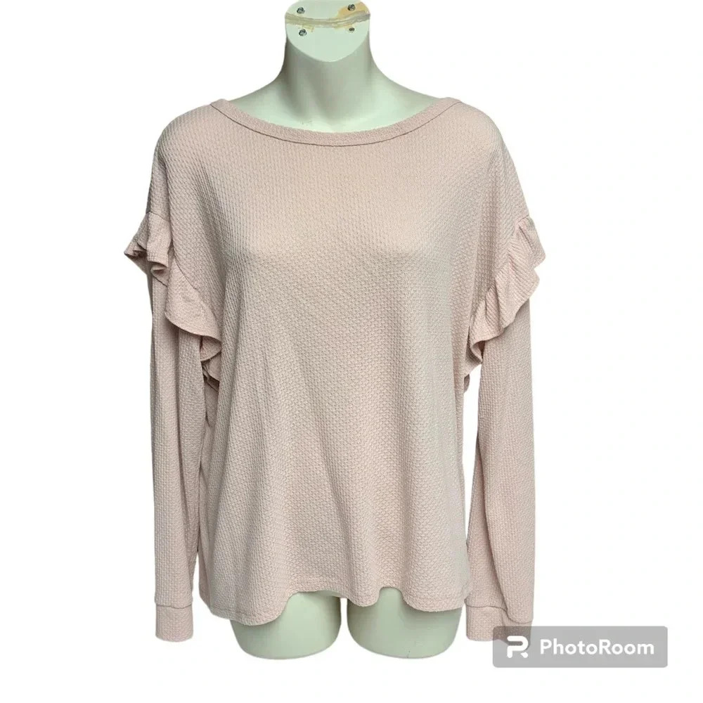 7th Ray peach waffle knit XL long sleeve top deep V in the back